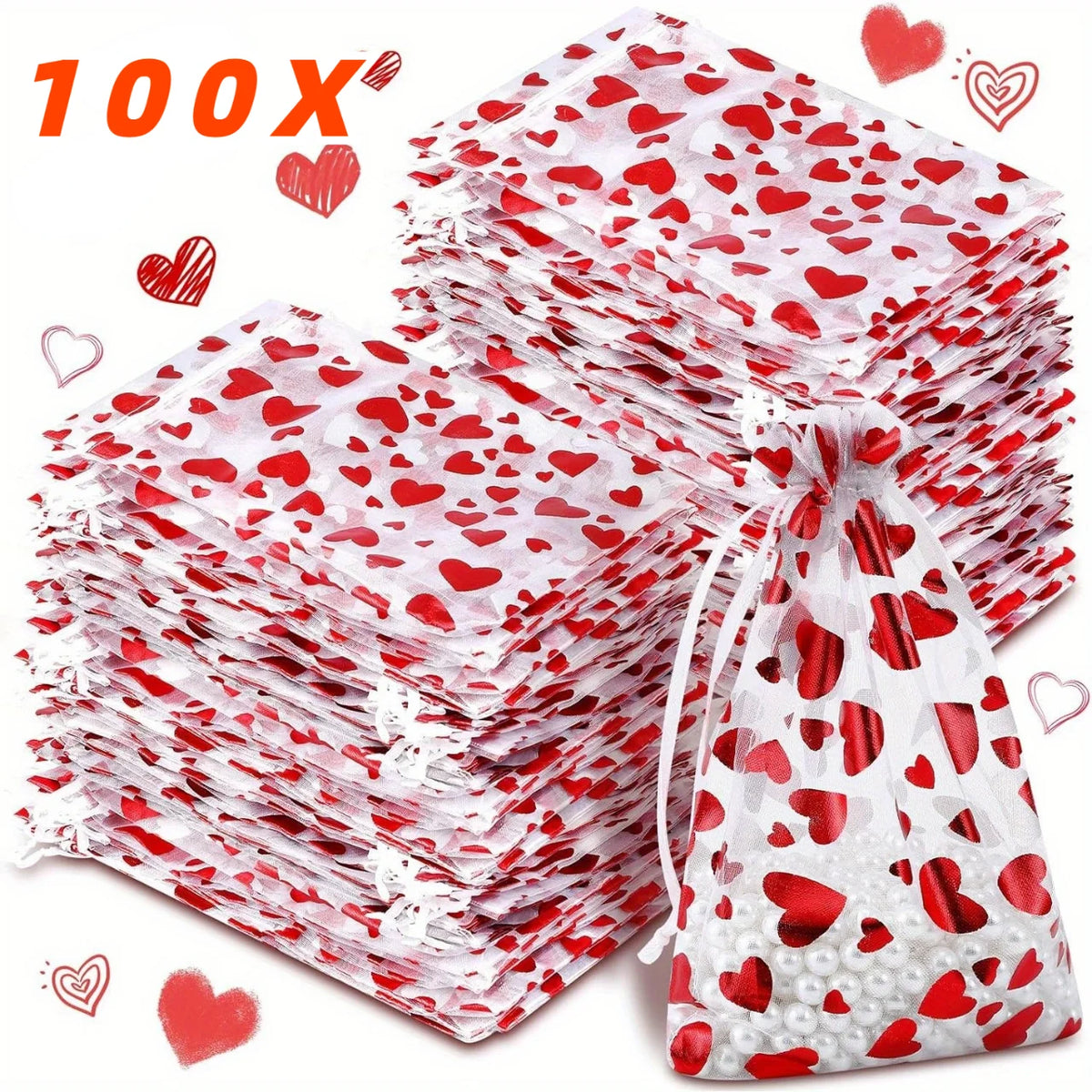 100PCS Valentines Day Organza Bags Drawstring Organza Jewelry Pouches Bulk Wedding Party Favor Gift Mini Candy Mesh for Party