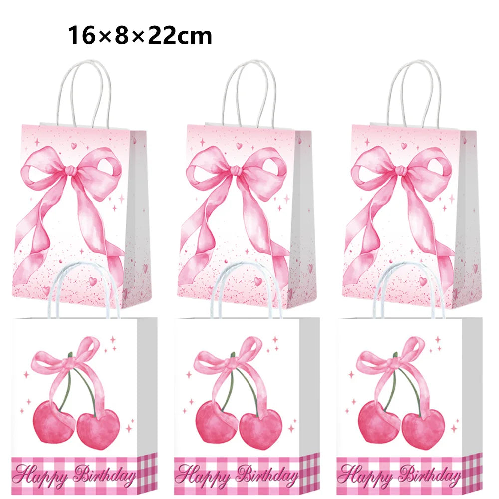 6/12/24/48pcs Pink and White Bow Paper Gift Bags Birthday Favor Bags with Handles Candy Bags Baby Shower Wedding Party Supplies
