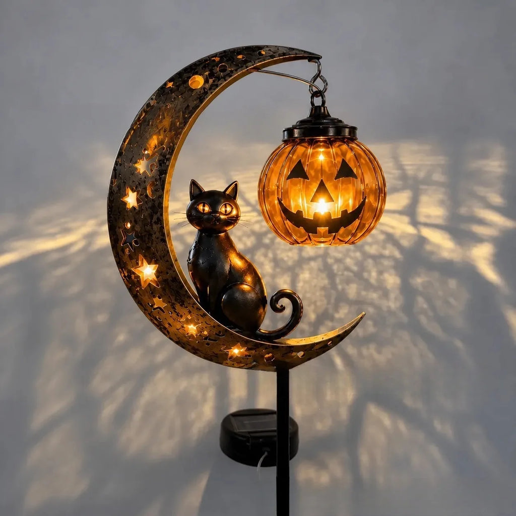 Garden Lamp Decoration Halloween Black Cat & Pumpkin Moon Garden Stake Light, Outdoor Waterproof Metal Pumpkin Stake Decor