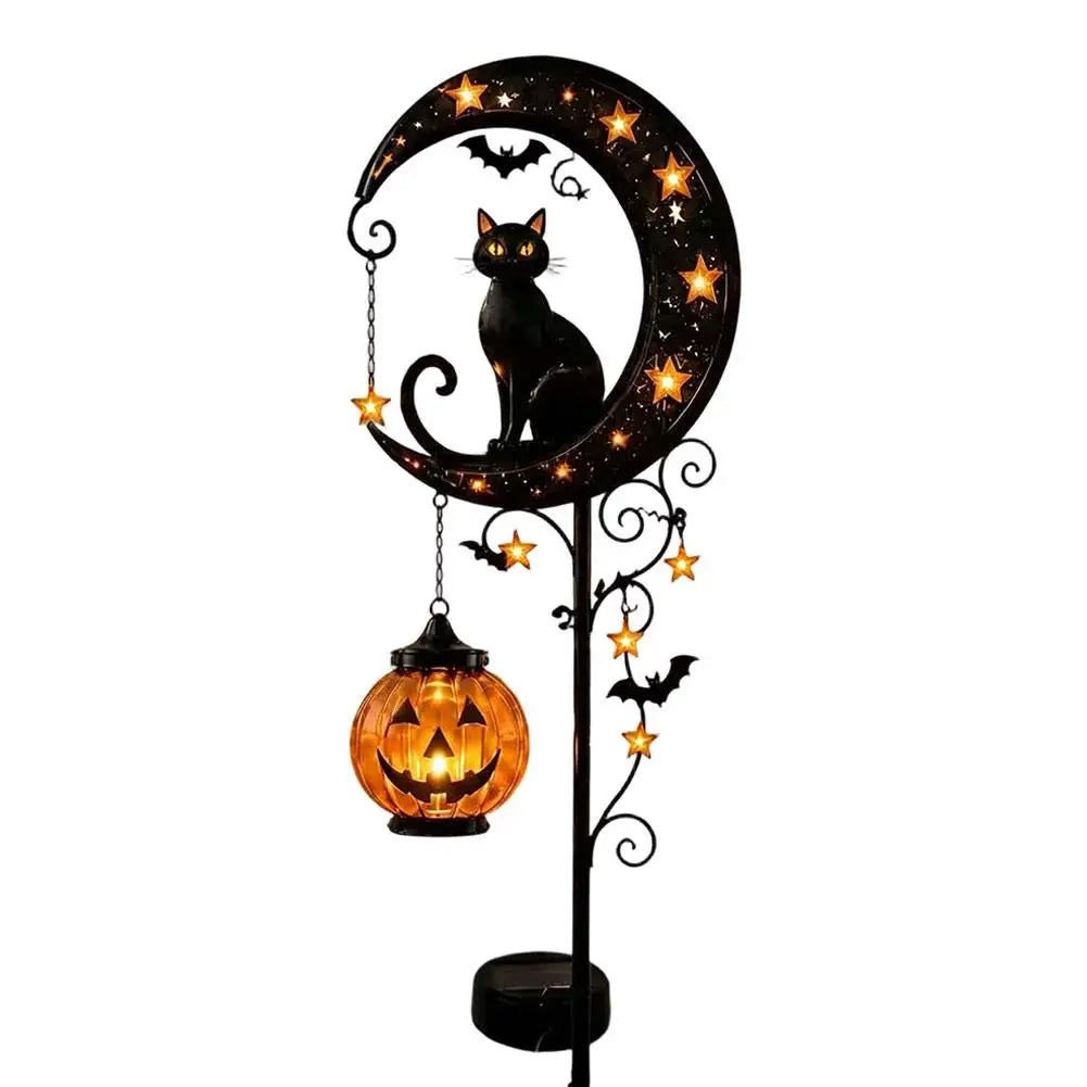Garden Lamp Decoration Halloween Black Cat & Pumpkin Moon Garden Stake Light, Outdoor Waterproof Metal Pumpkin Stake Decor