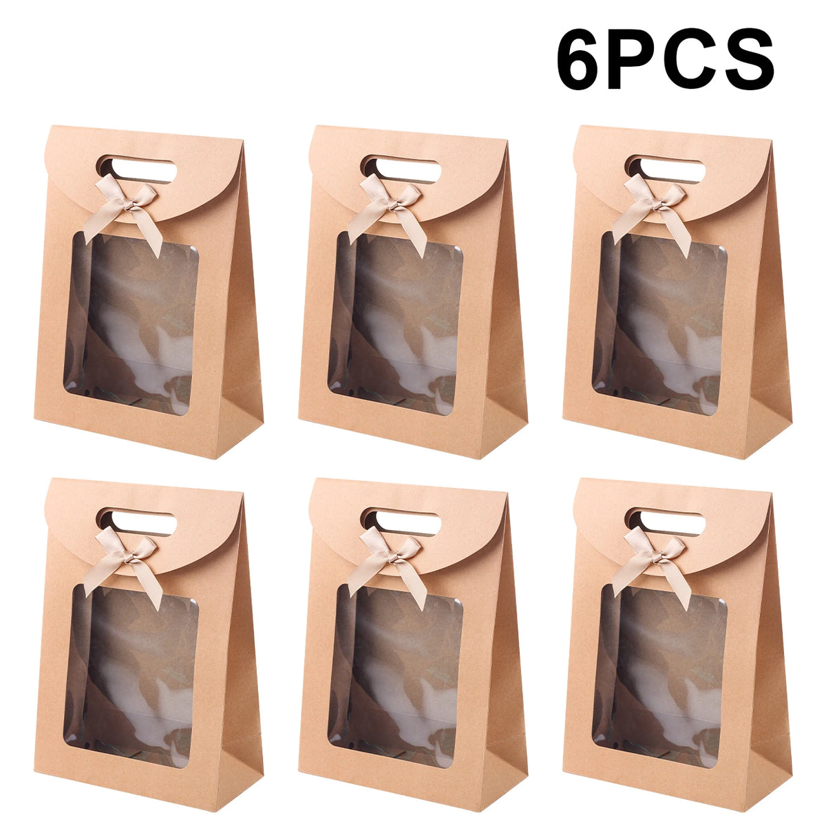 6/12PCS Kraft Paper Bags with Window, Box Reusable Gift Bag for Women, Candy Cookies Packaging Wedding Christmas Party