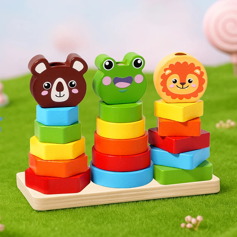 Montessori Wooden Sorting Stacking Toys Shape Color Sort Block Puzzles Toddler Geometric Stacking Toys for Baby Early Education