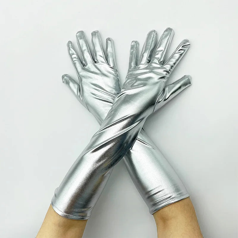 48cm Women Patent Leather Solid Gloves Stage Performance Halloween Cosplay Nightclub Pole Dance Fashion Street Concert