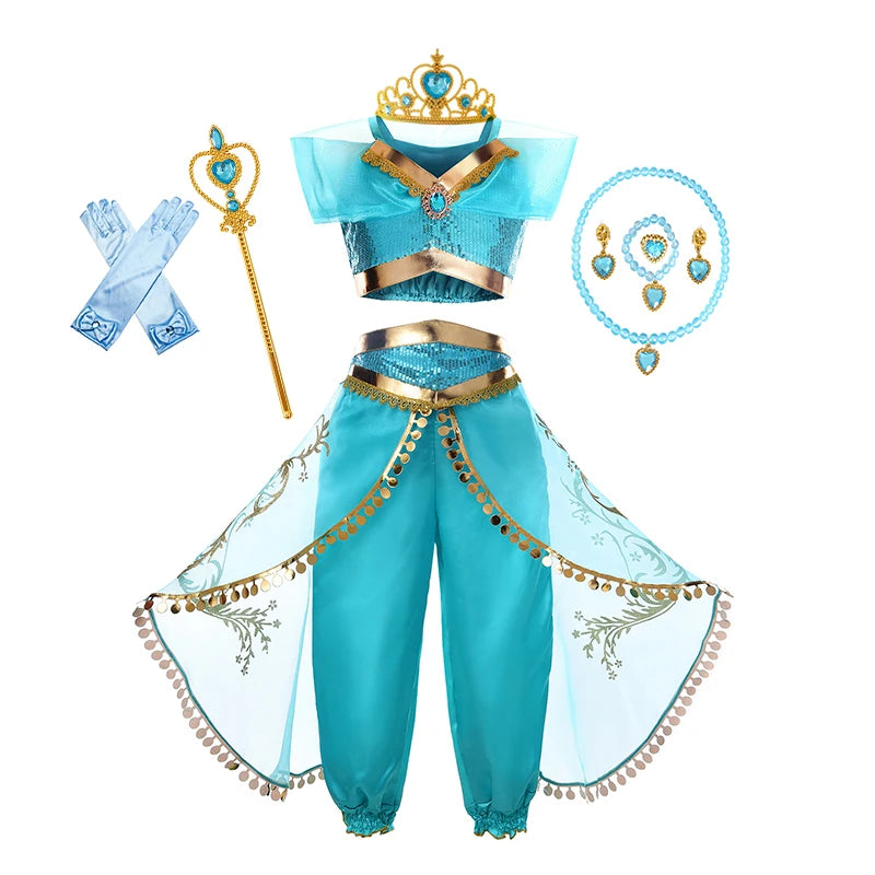 Title Girls Princess Jasmine Cosplay Costume Set Kids Arabian Outfit With Wig Crown Lamp Halloween Carnival Birthday Party Fancy Dress