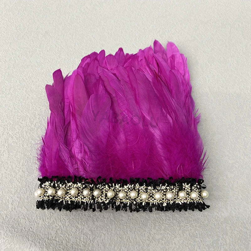 Natural Feather Wrist Cuffs Elegant Fur Sleeve Arm Accessories Gothic Halloween Cosplay Feather Gloves Pearl Arm Cuff 2pcs