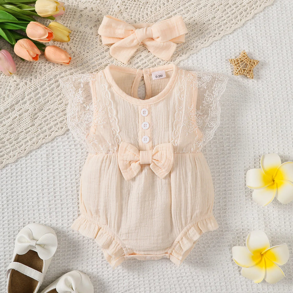 2PCS Newborn Baby Girl Romper Plain Soft Bodysuit Lace Sleeveless Onesie+Headband Summer Costume Toddler Girl Clothes 0-18Months
