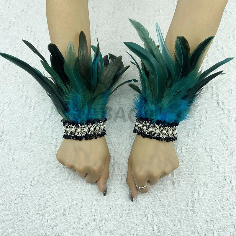 Natural Feather Wrist Cuffs Elegant Fur Sleeve Arm Accessories Gothic Halloween Cosplay Feather Gloves Pearl Arm Cuff 2pcs