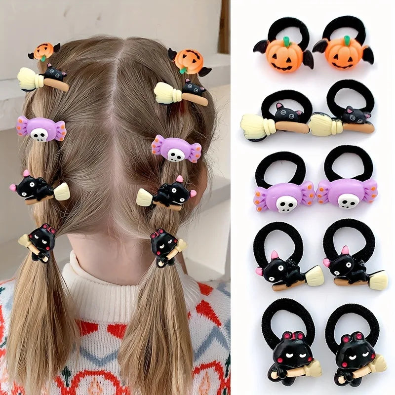 10Pcs Children's Girls' Halloween Hair Ring - Funny Pumpkin and Ghost and Bat Cat Design Suitable for Halloween Gifts for Girls