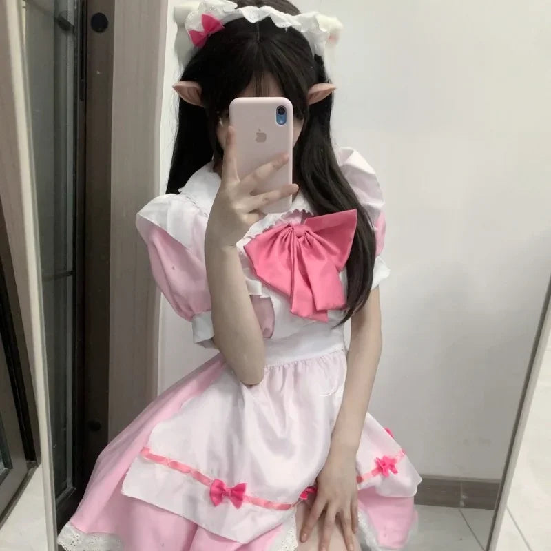 Women’s Pink Gothic Lolita Maid Cosplay Dress with Bow
