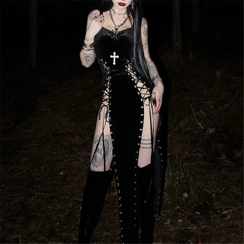 Women’s Gothic Velvet Strappy High-Split Dress