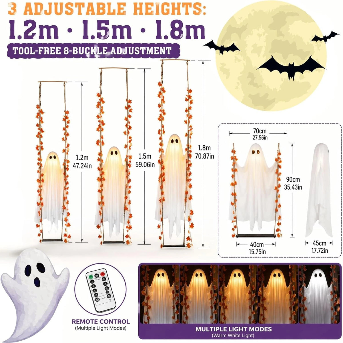 Luminous Halloween Hanging Swing Ghost Adjustable Brightness Yard Flying Ghost Swing Ornament LED Remote-controlled