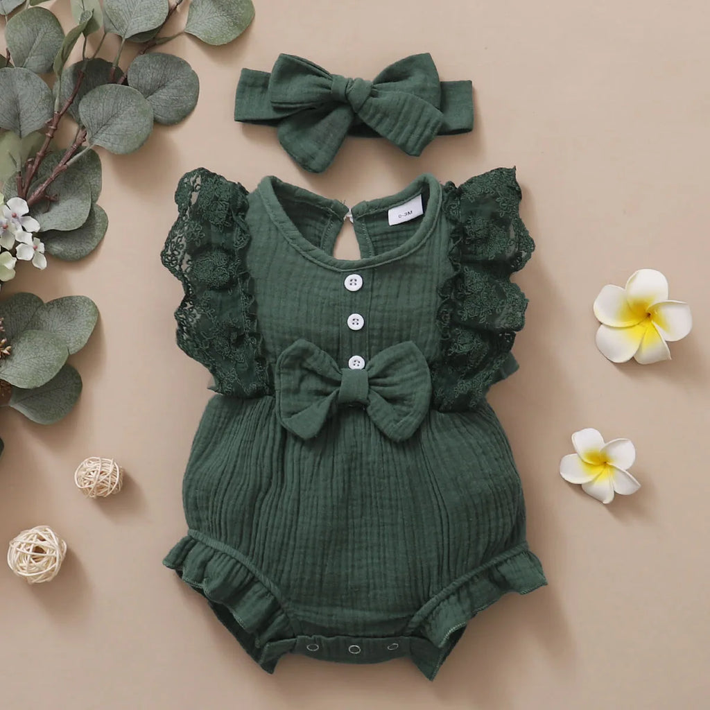 2PCS Newborn Baby Girl Romper Plain Soft Bodysuit Lace Sleeveless Onesie+Headband Summer Costume Toddler Girl Clothes 0-18Months