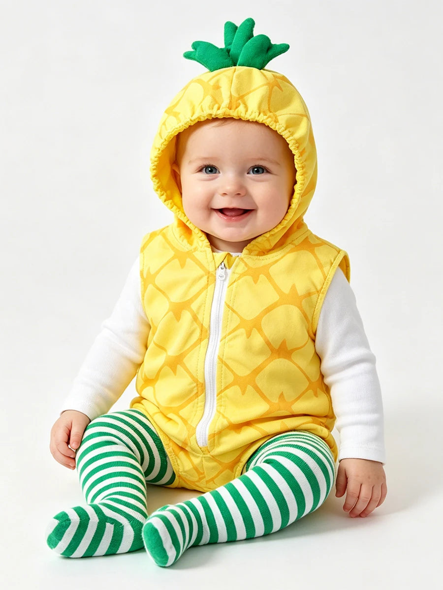 0-18M Baby Girls Boys Pineapple Costume Infant Bodysuit Short Romper Hoodie Purim Halloween Fancy Dress with Stockings