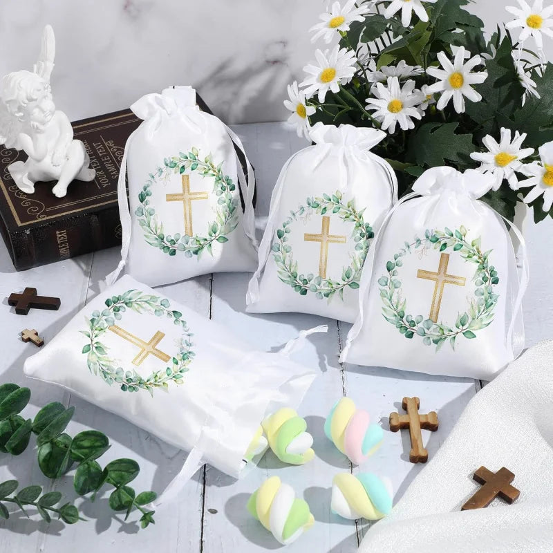 10 Pcs Baptism Satin Gift Bags with Drawstring 4 X 6 Inch Religious Gift Bags for Baptism First Communion Party Favor