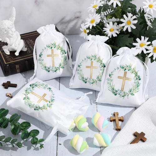 10 Pcs Baptism Satin Gift Bags with Drawstring 4 X 6 Inch Religious Gift Bags for Baptism First Communion Party Favor