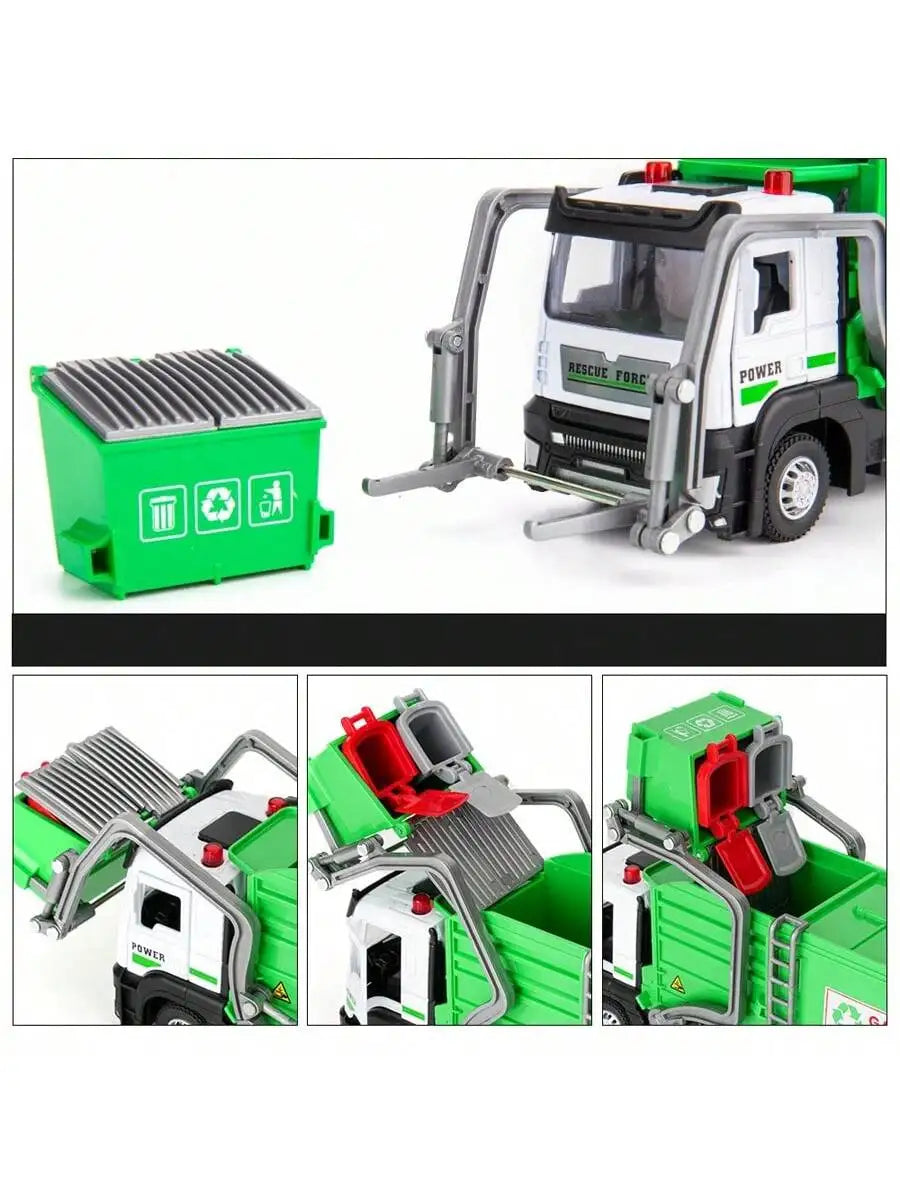 Realistic Garbage Truck Toy Set with Trash Can & STEM Learning Cards | 6+ Years Interactive Pull-Back Vehicle for Boys & Girls,