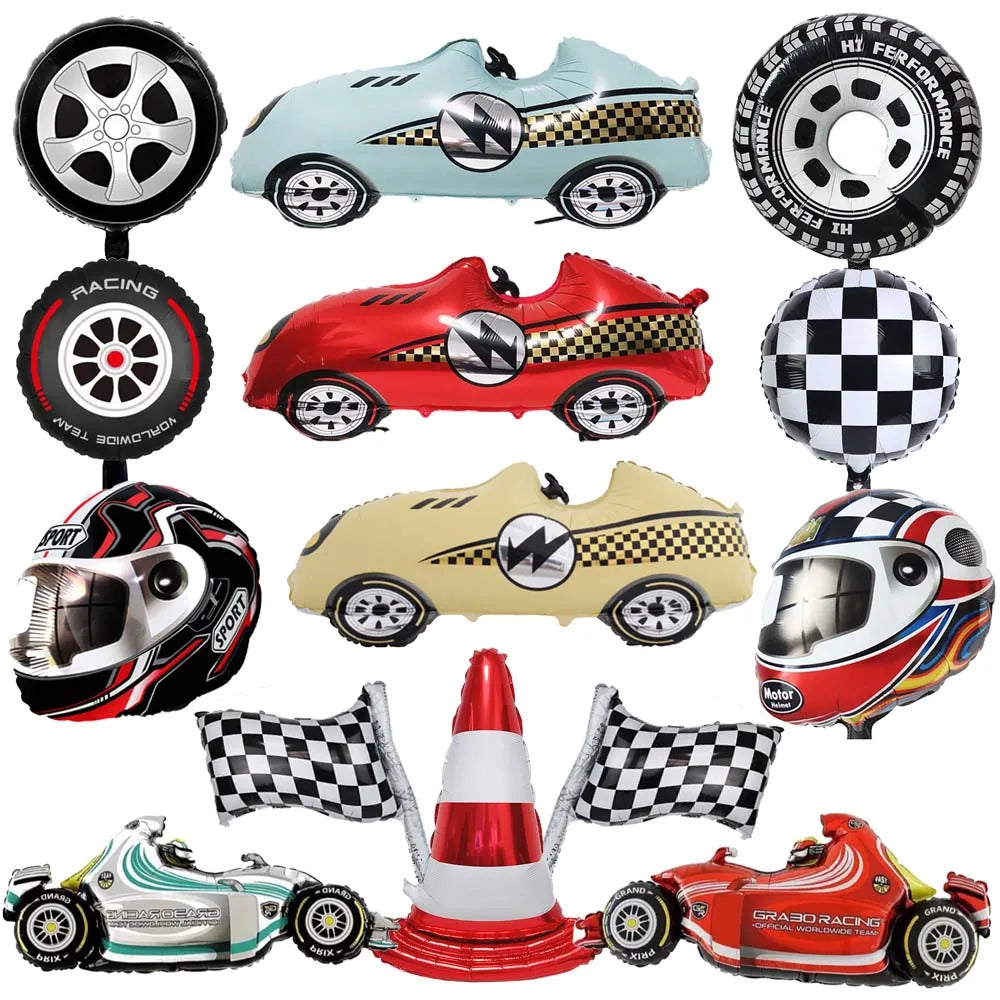 Racing Car Balloon Traffic Cone Balloon Tire Wheel Balloons Black White Checkered Race Car Theme Kids Birthday Party Decorations
