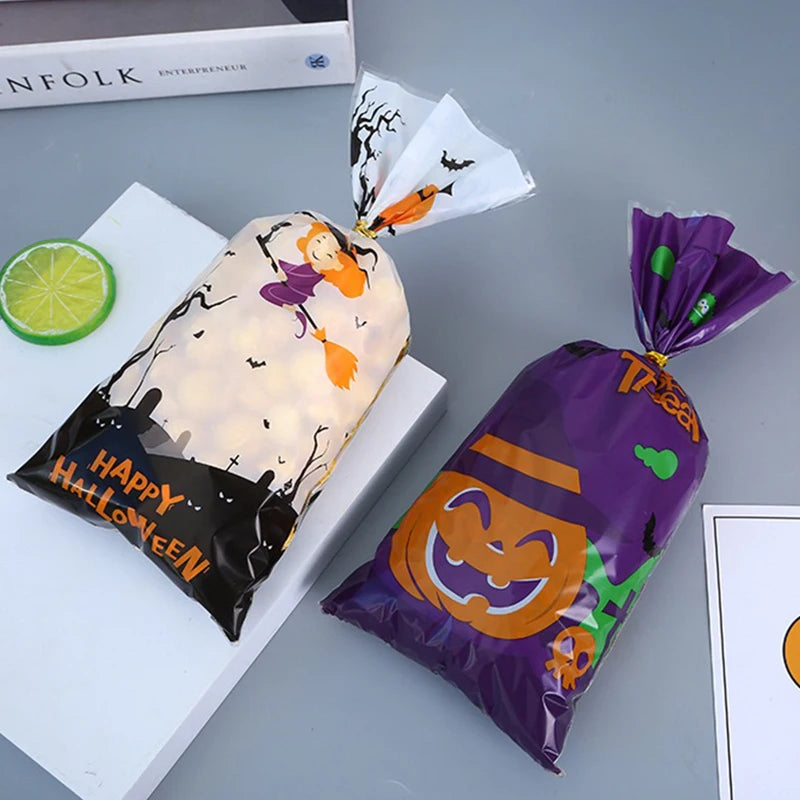 50/100PCS Treat Bags Pumpkin Ghost Bat Plastic Candy Bags with Twist Ties Halloween Party DIY Decoration Gift Packaging Bags ZYF