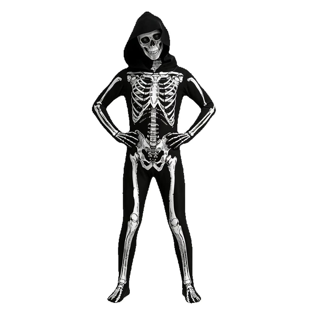 Kids Grim Reaper Skeleton Hooded Jumpsuit Costume