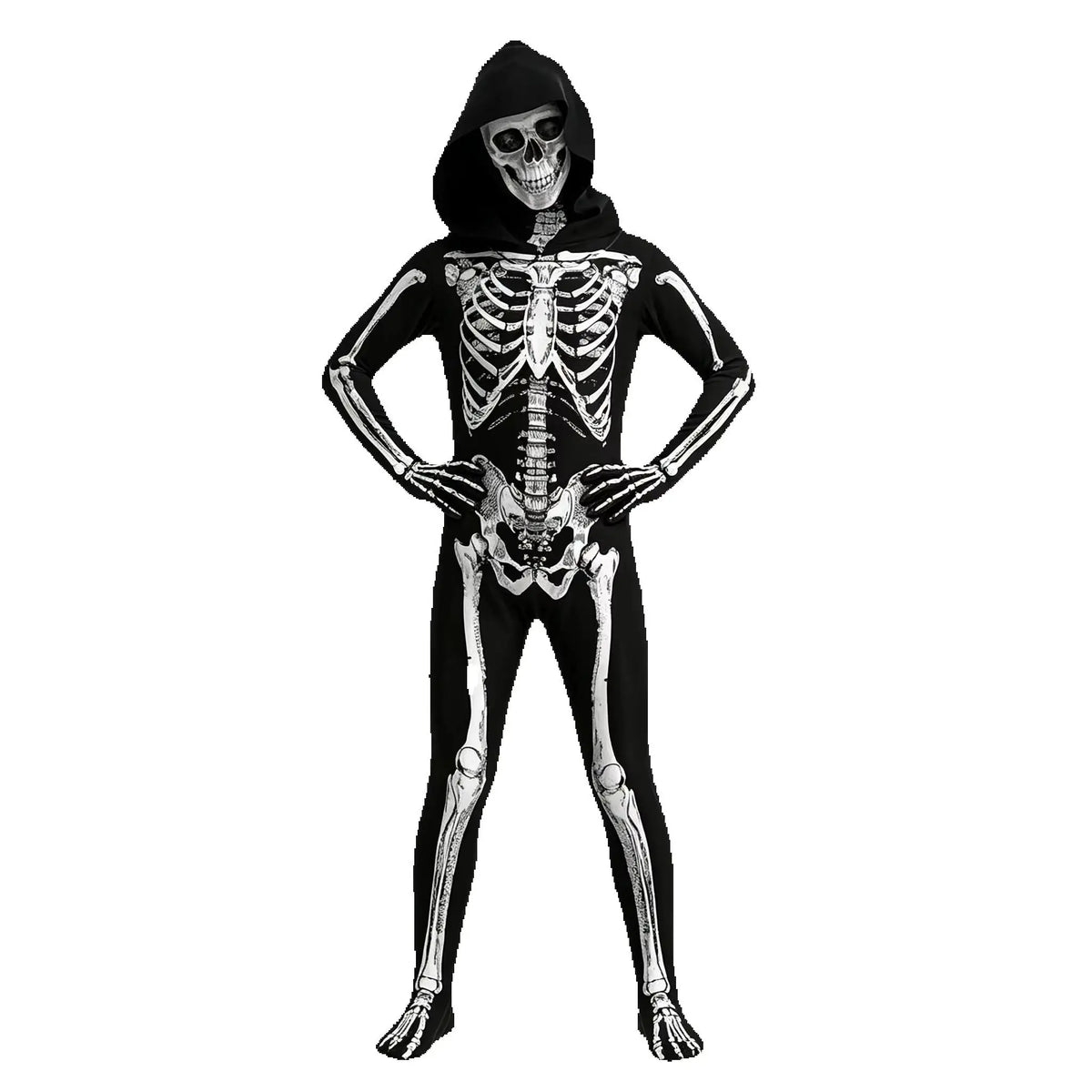 Kids Grim Reaper Skeleton Hooded Jumpsuit Costume