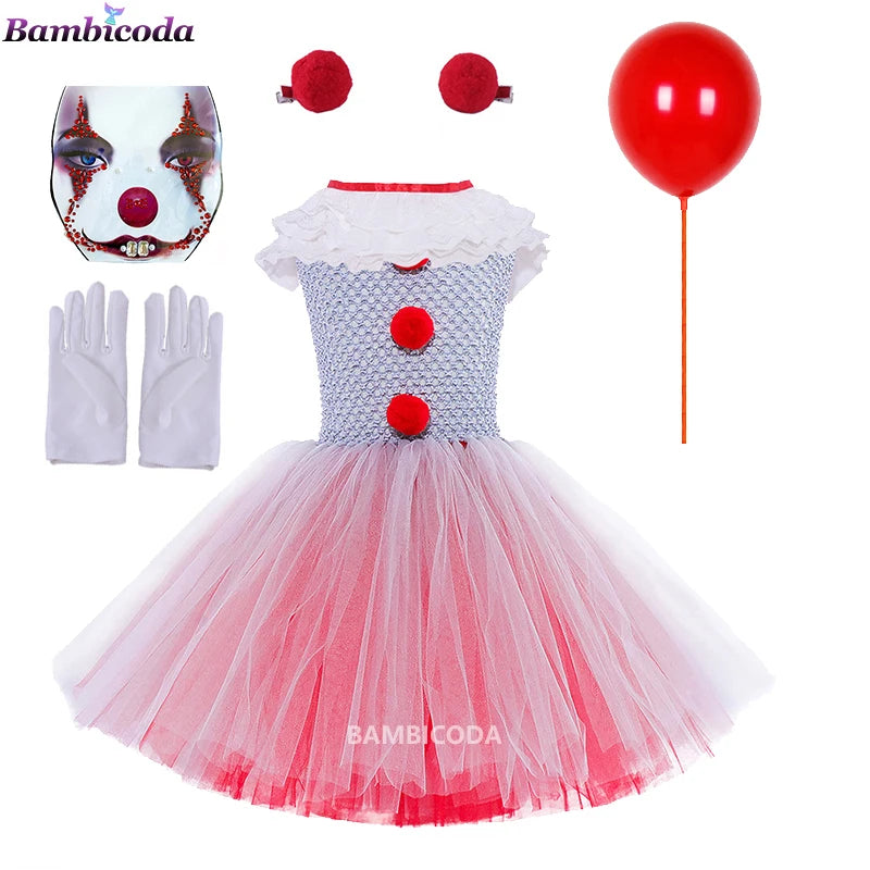 Girls Gray Clown Tutu Dress Halloween Costume