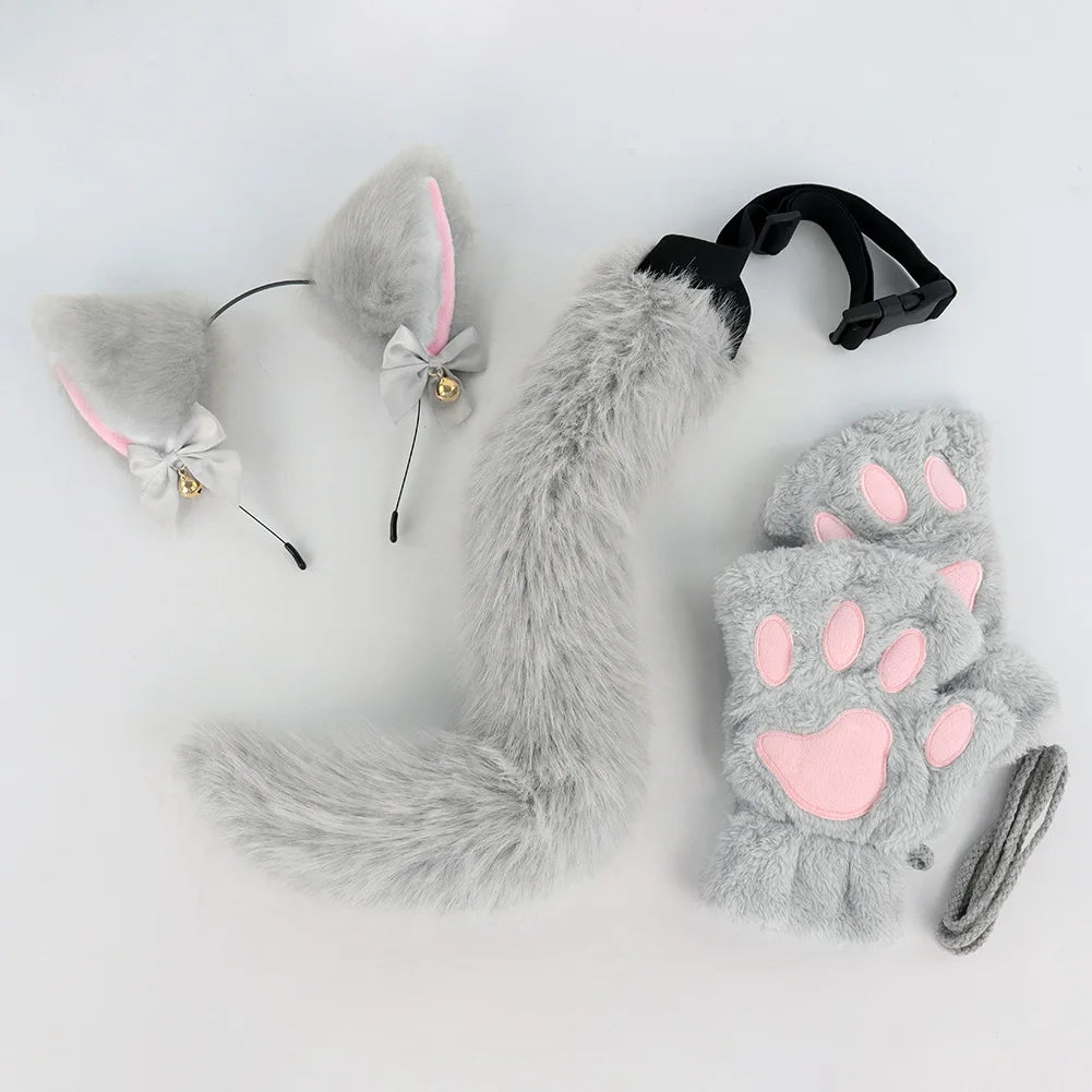 Halloween Cats Costume Set for Girl Cosplay, Halloween Cats Costume Accessories with Headband, Tail, Gloves 3Pcs