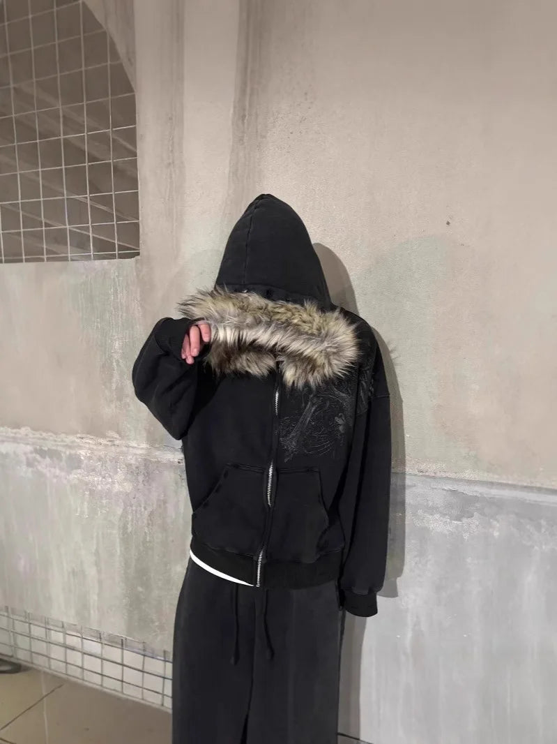 Autumn/Winter Y2k Women Aesthetic Harajuku Faux Fur Collar Hoodies Clothes Graphic Hip Hop Punk Gothic Zip Up Hoodies 2025 new