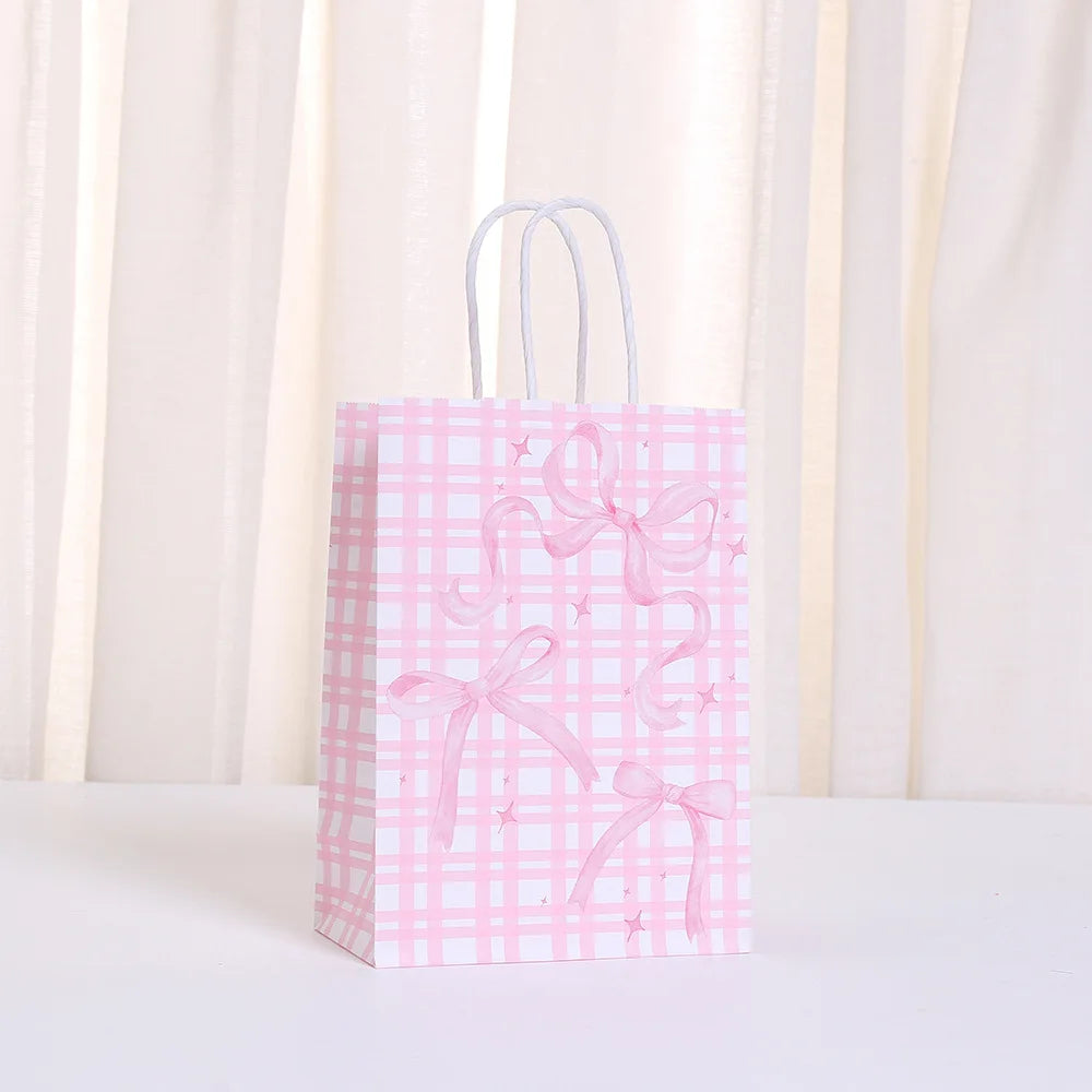 6/12/24/48pcs Pink and White Bow Paper Gift Bags Birthday Favor Bags with Handles Candy Bags Baby Shower Wedding Party Supplies
