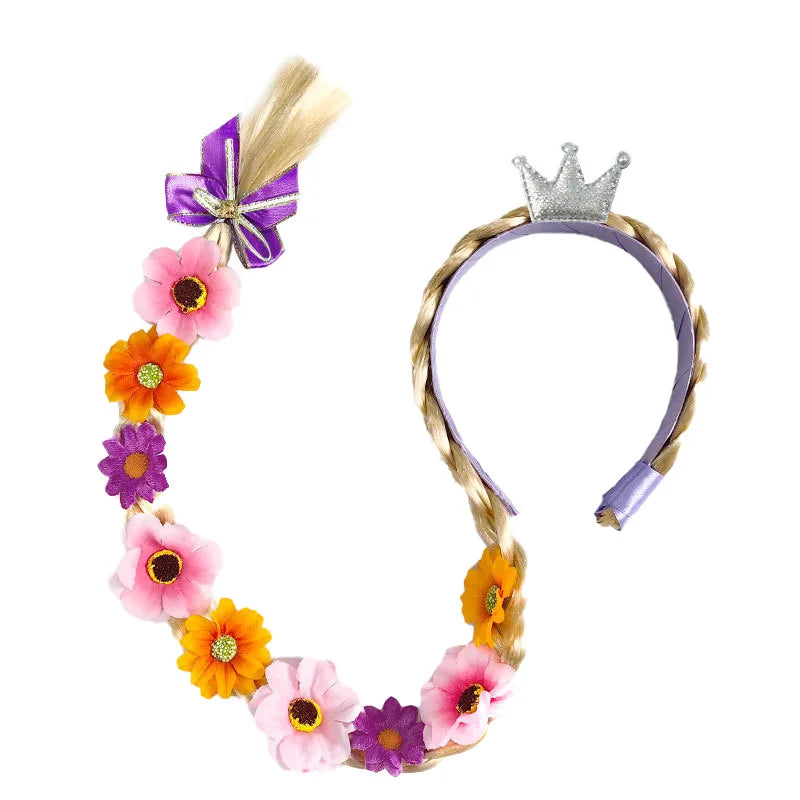 Princess Crown Headband with Braided Wig and Bow for Girls