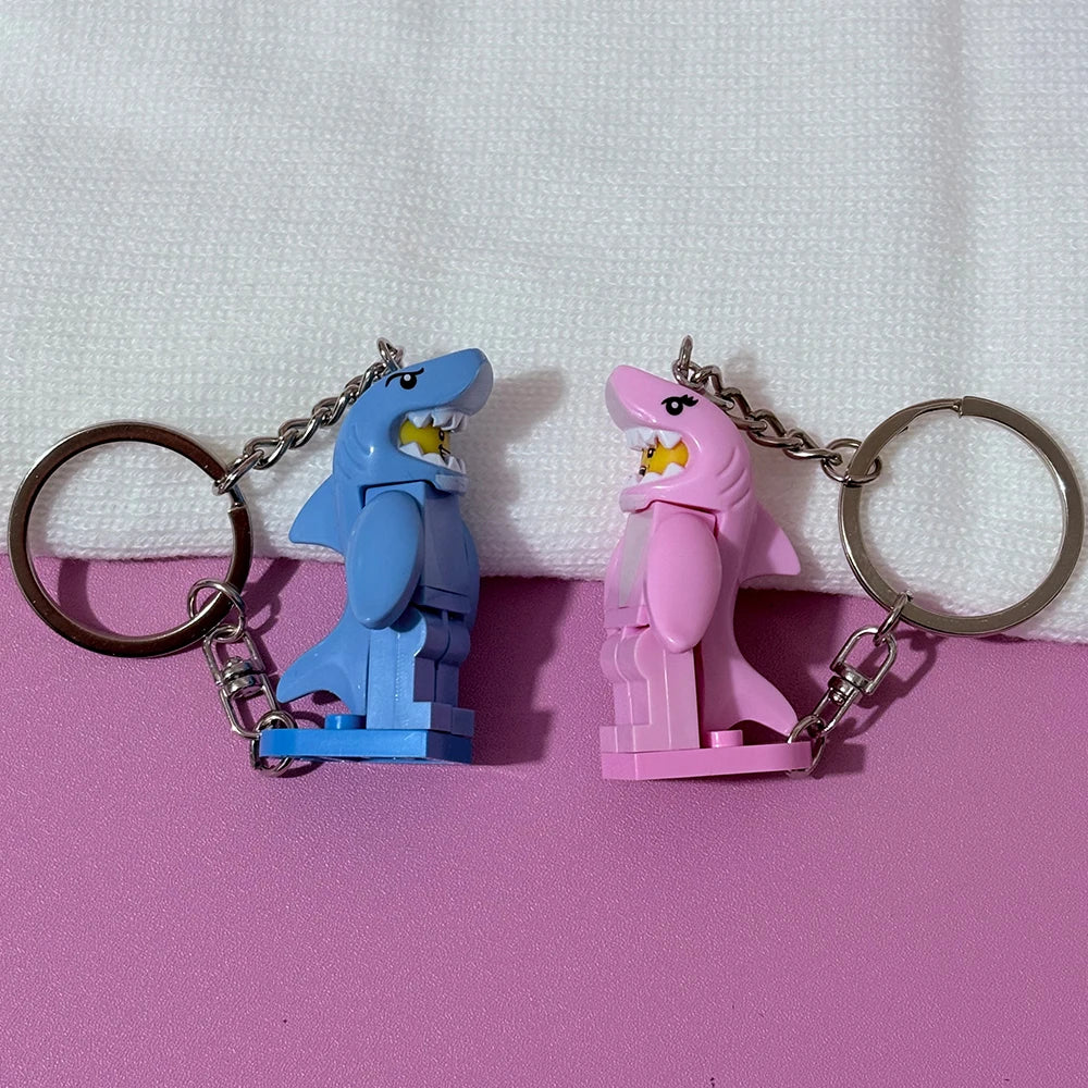 2-Piece Shark Heart Keychain Set Pink & Blue Building Block Design