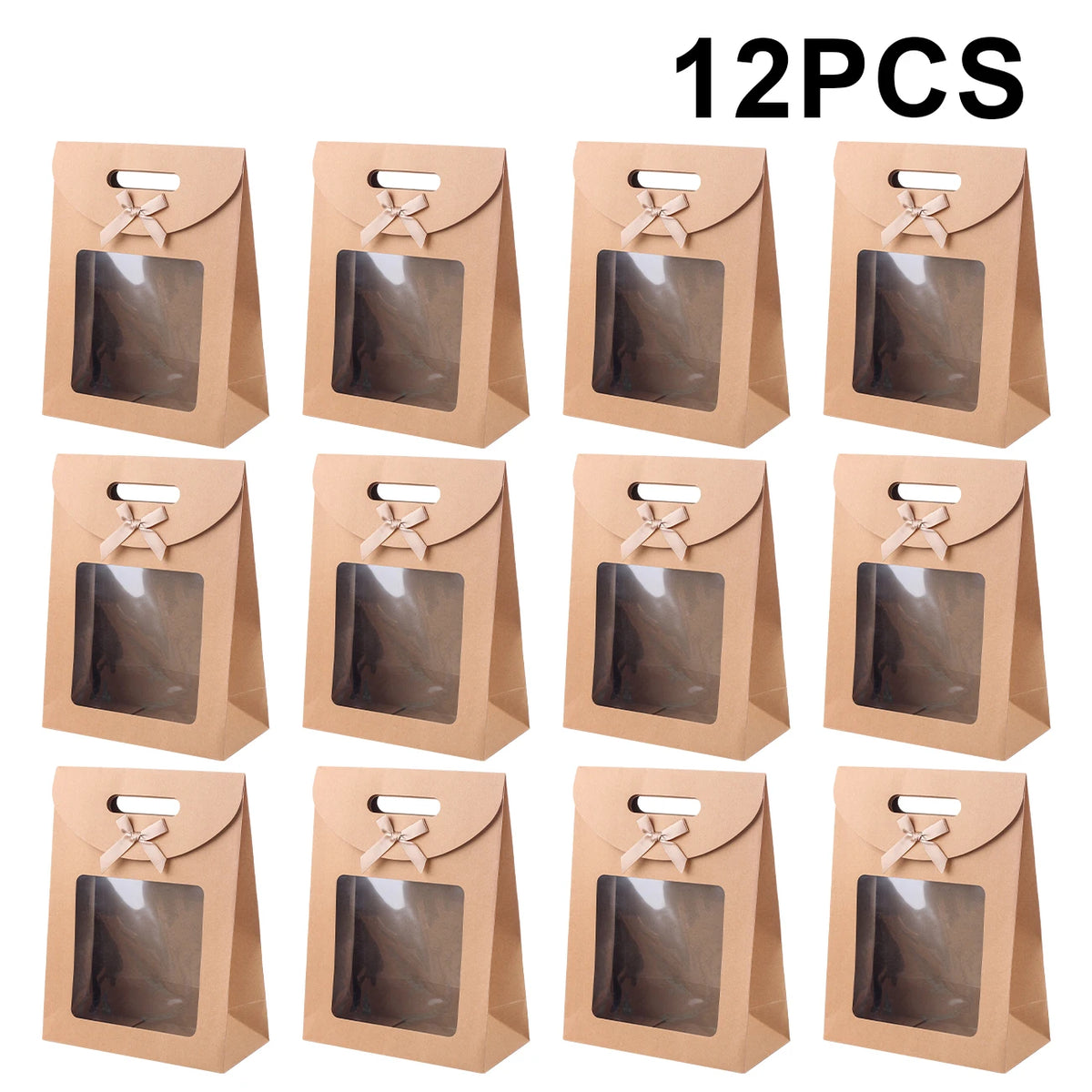 6/12PCS Kraft Paper Bags with Window, Box Reusable Gift Bag for Women, Candy Cookies Packaging Wedding Christmas Party