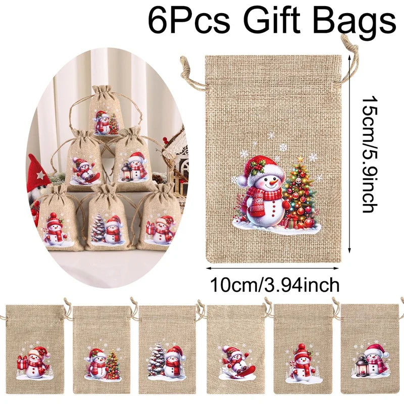 6pc Christmas Linen Drawstring Bags Burlap Gift Bags Candy Biscuits Pouchs for Home Decor 2025 Xmas Navidad Noel Gift Packaging