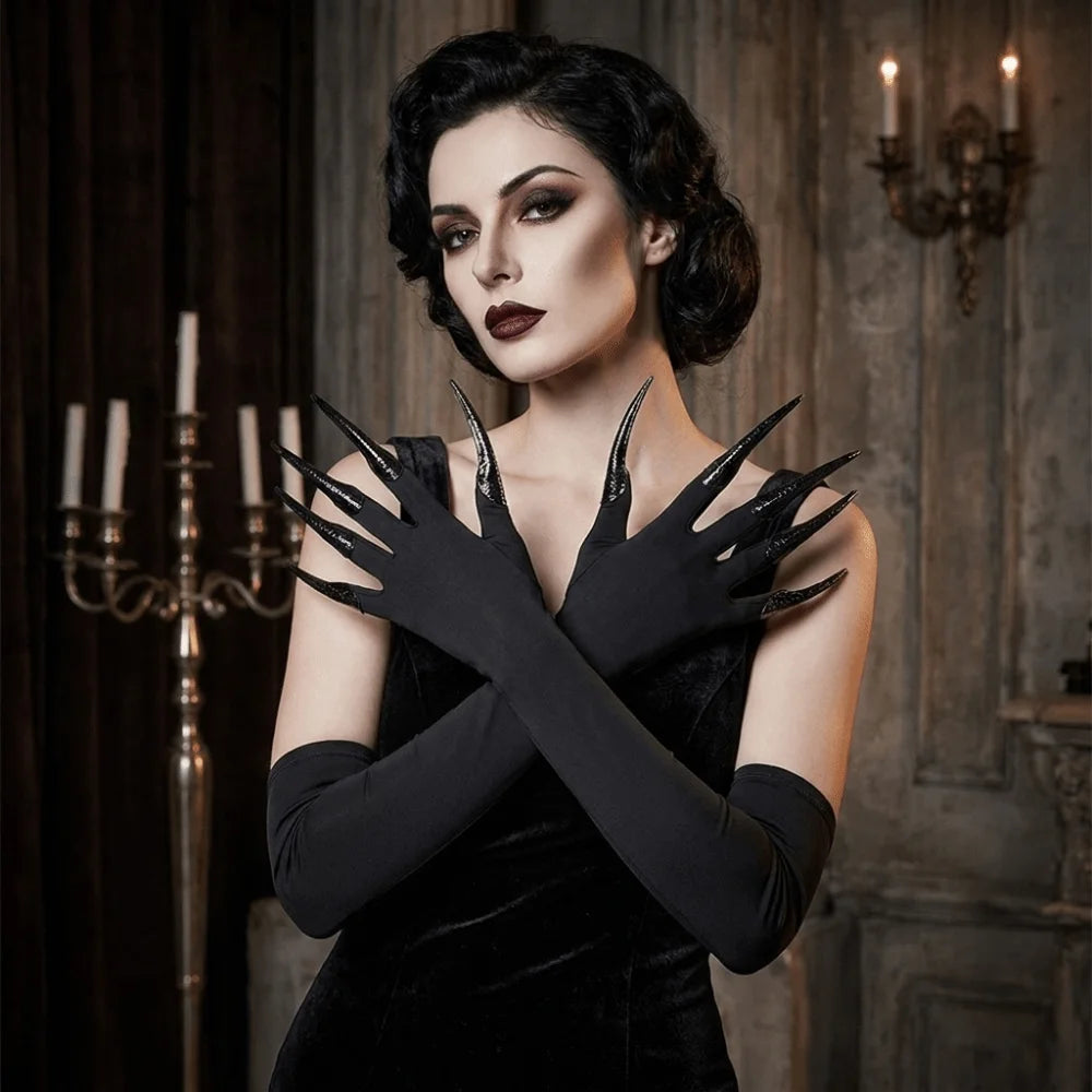 Gothic Black Long Gloves with Detachable Claw Nails
