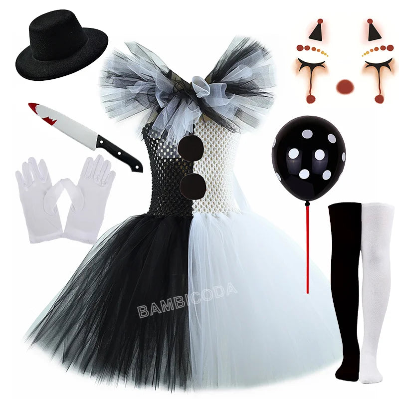 Girls Black White Horror Clown Tutu Dress Costume