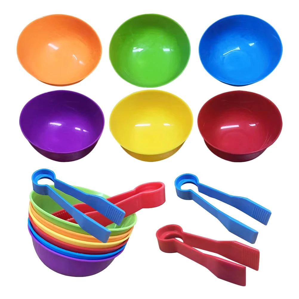 Children Classification Cups Counting and Sorting Toys Set Rainbow Colors Plastic Bowls Tweezers Fine Motor Skill Learning Toys