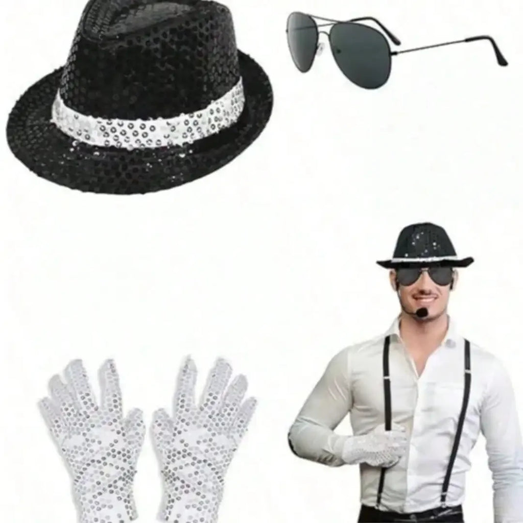 Sequin Fedora Hat Gloves and Aviator Sunglasses Costume Set