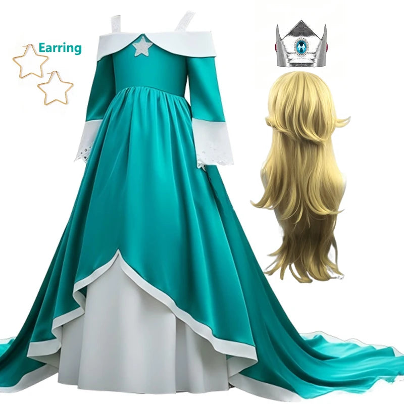 Girls Blue Galaxy Princess Long Dress Halloween Costume