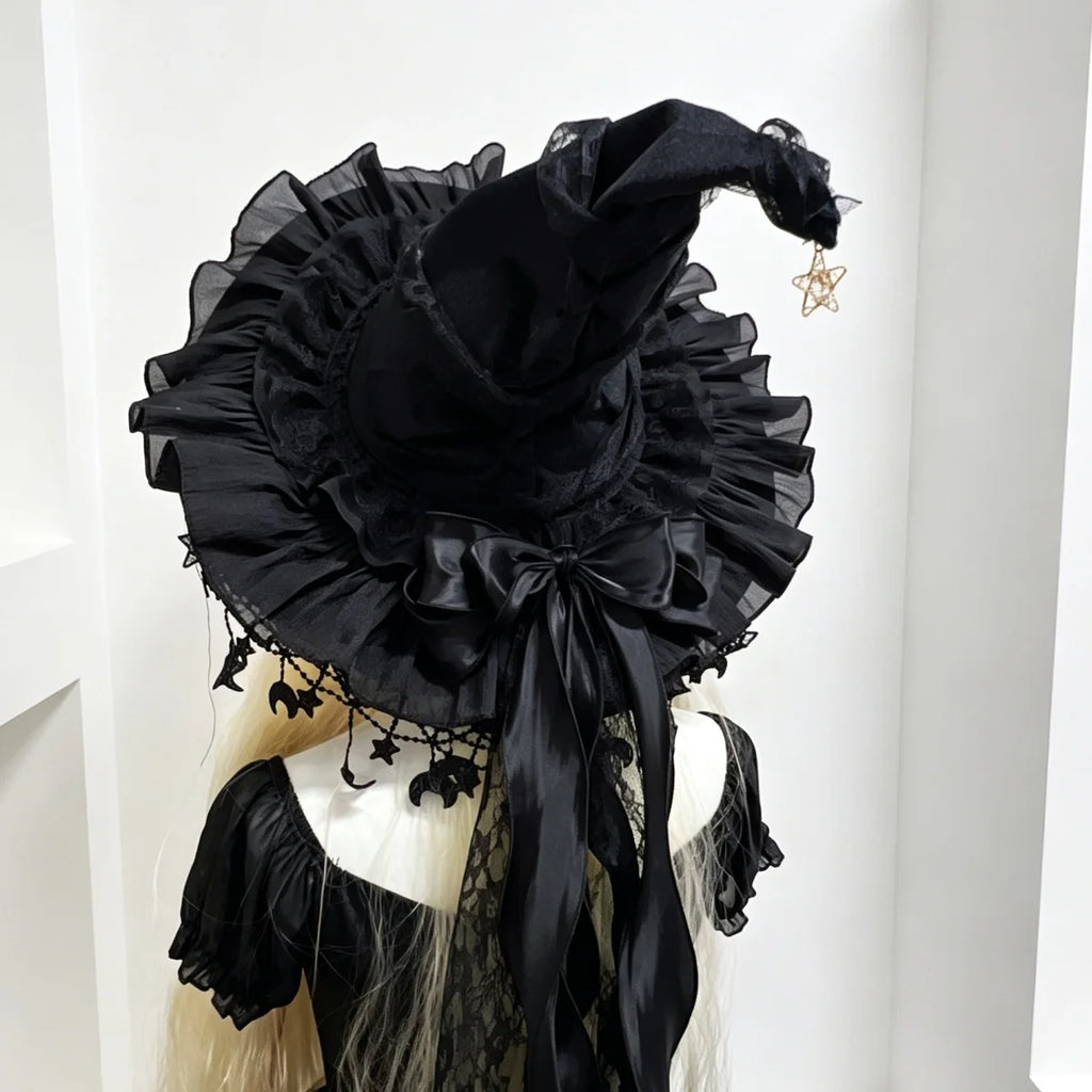 Lace Velvet Witch Hat with Lace Trim and Moon Pendant for Halloween Costume Party Masquerade Cosplay Party Accessory