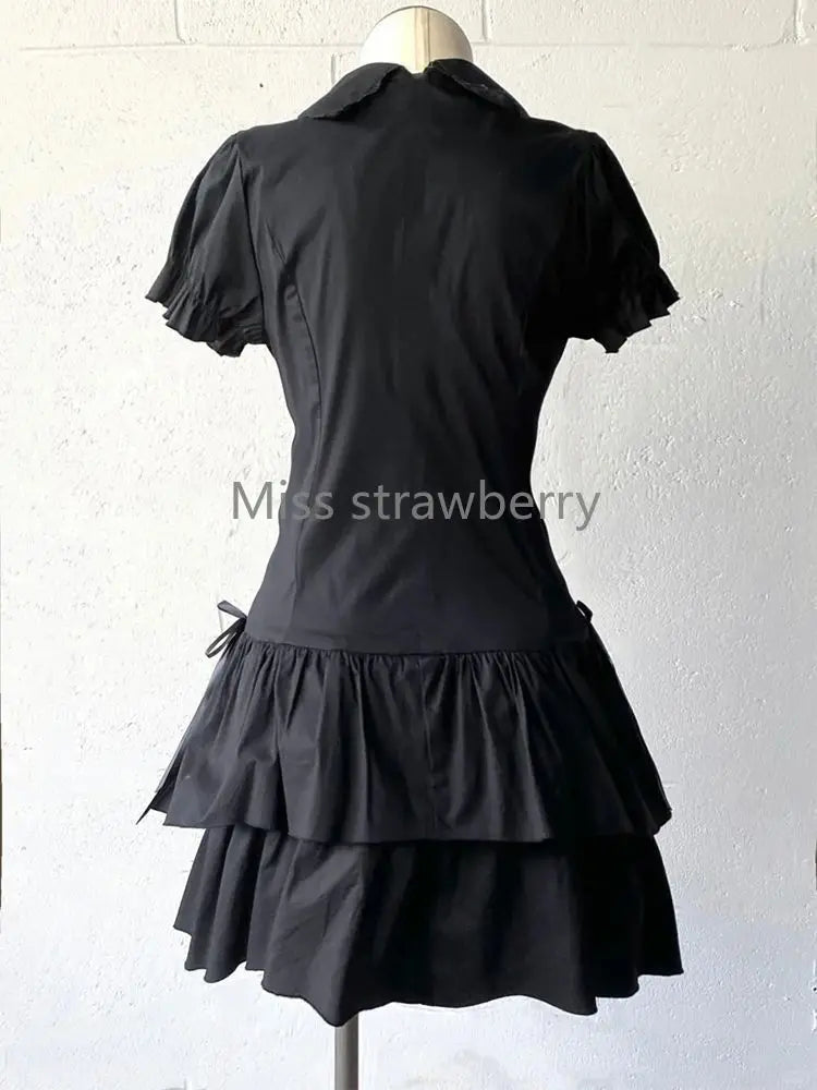 Women’s Vintage Black Short Sleeve Patchwork Gothic Dress