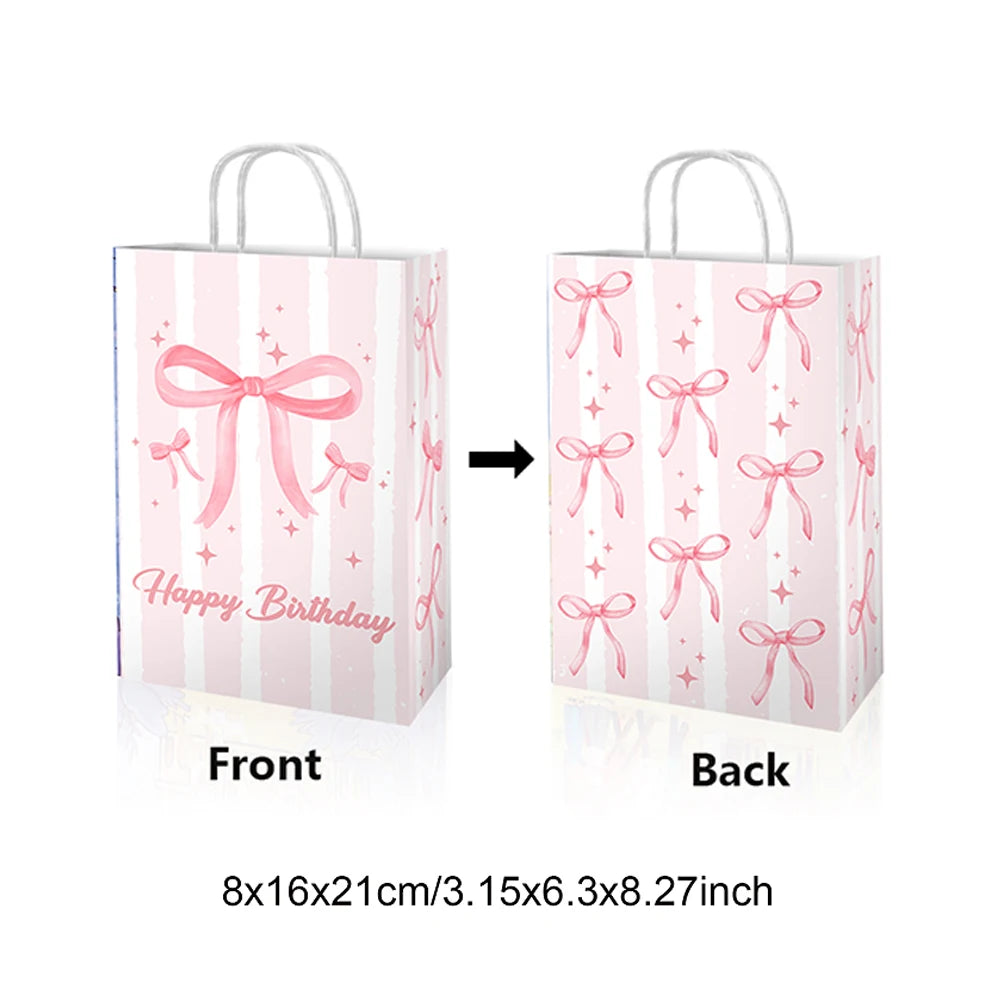 6/12/24/48pcs Pink and White Bow Paper Gift Bags Birthday Favor Bags with Handles Candy Bags Baby Shower Wedding Party Supplies