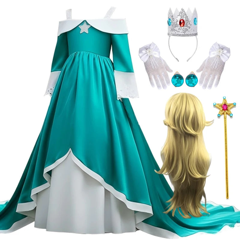 Girls Blue Galaxy Princess Long Dress Halloween Costume