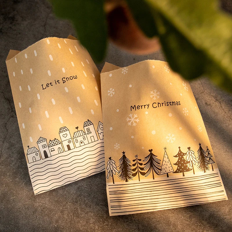 24 Sets Vintage Christmas Kraft Paper Bags Let it Snow Candy Treat Bag with Stickers Advent Calendar Xmas Party Favor Gift Pouch