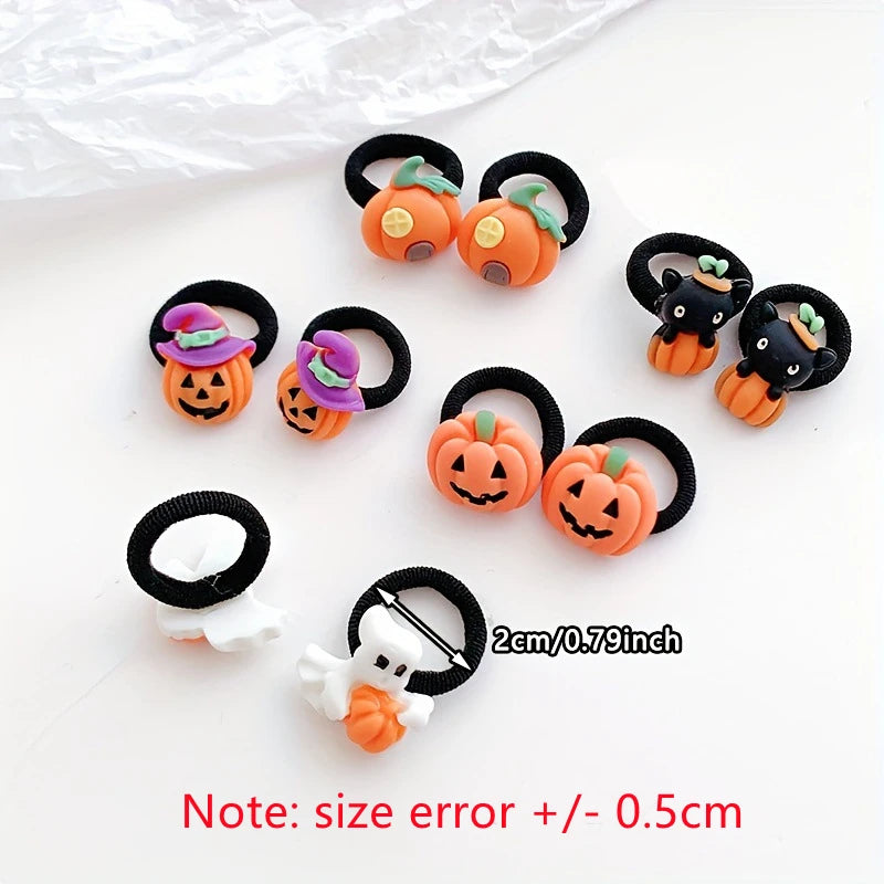 10Pcs Children's Girls' Halloween Hair Ring - Funny Pumpkin and Ghost and Bat Cat Design Suitable for Halloween Gifts for Girls