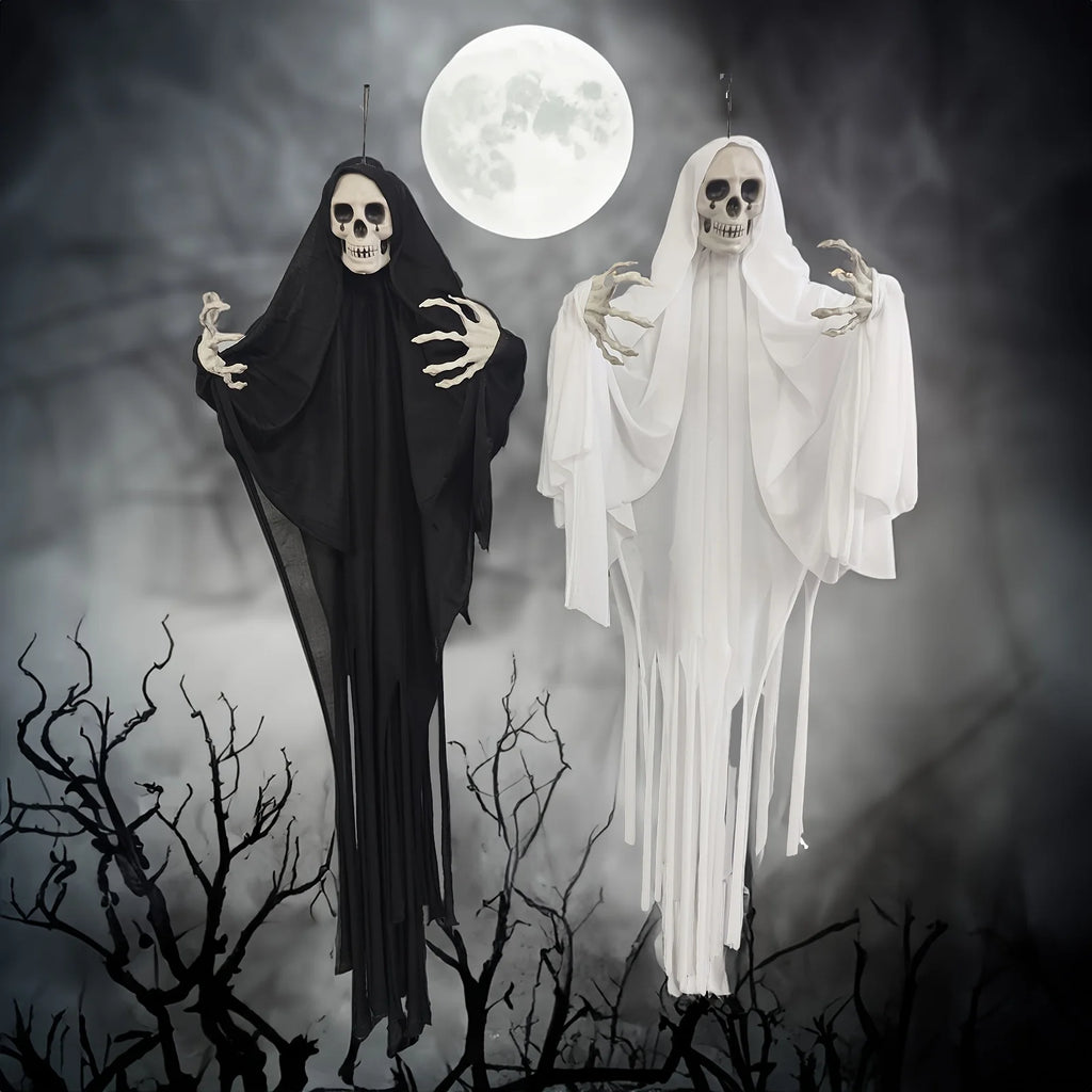 Classic Horror Ghost Doll Hanging Decorations for Halloween - Large Plastic and Fabric Spooky Skeleton Phantom Outdoor Pendants