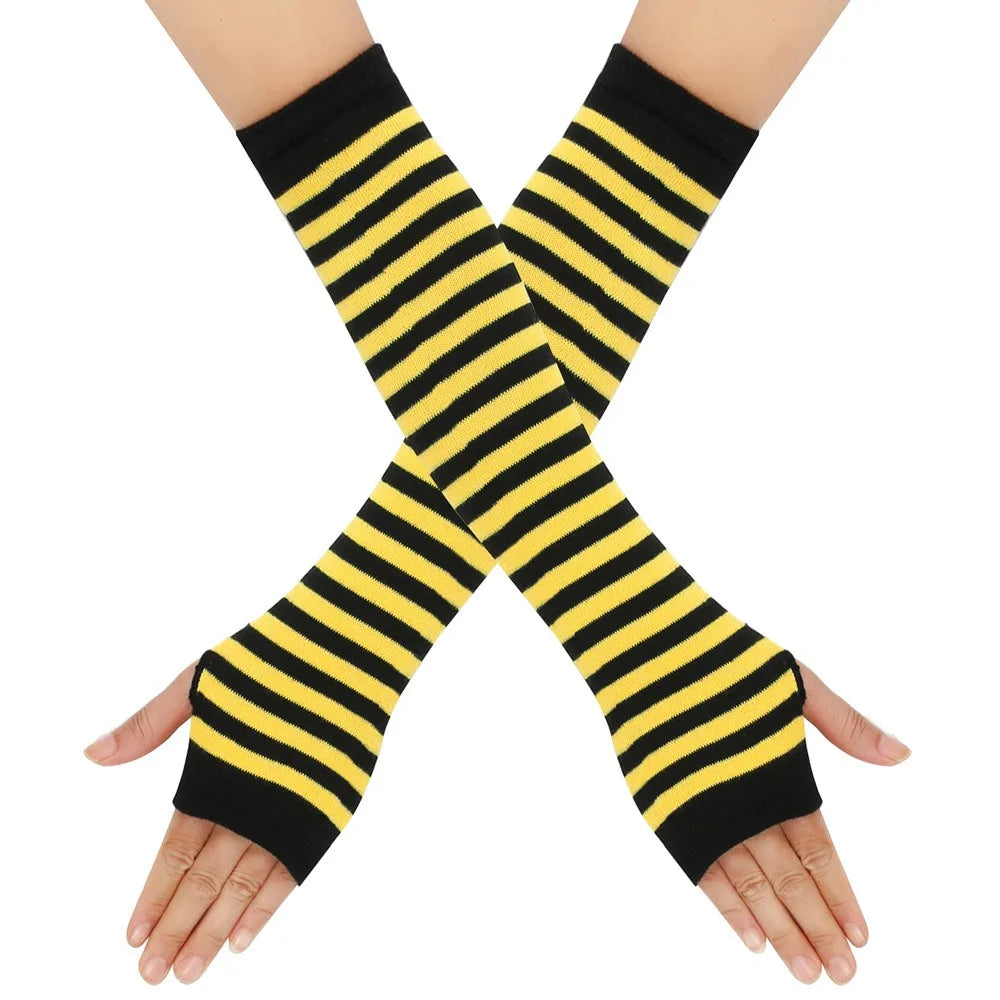 Long Knitted Fingerless Elbow Gloves with Striped Design