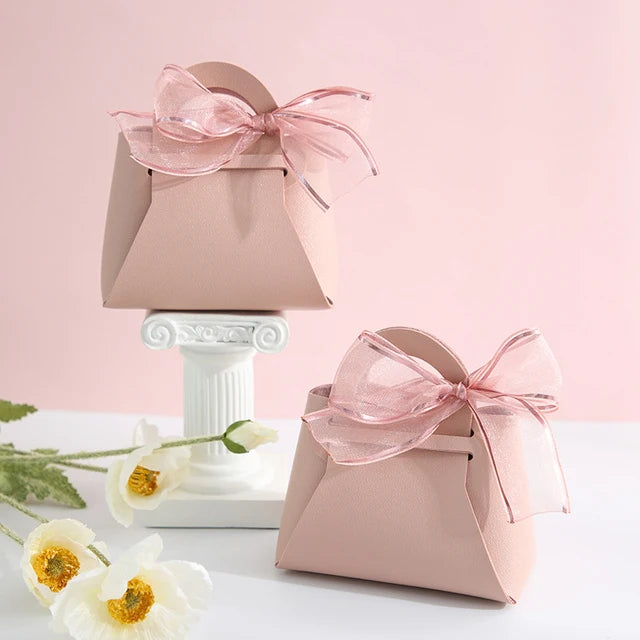10PCS Distribute Leather Pink Gift Bags Wedding Favour Bag for Guest Mini Handbag with Ribbon Candy Packaging Box Party Decor