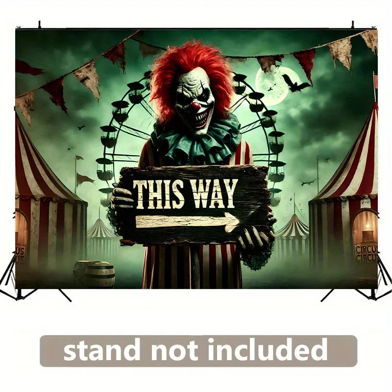 The background flag of the terrifying clown circus features bats and a full moon pattern, and is decorated for Halloween parties