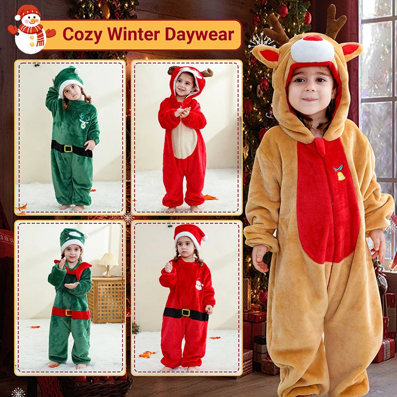 MICHLEY Christmas Baby Rompers Flannel Cosplay Toddler Infant Cute Clothes Overall Bodysuits Jumpsuit Costume For Girls Boys Kid