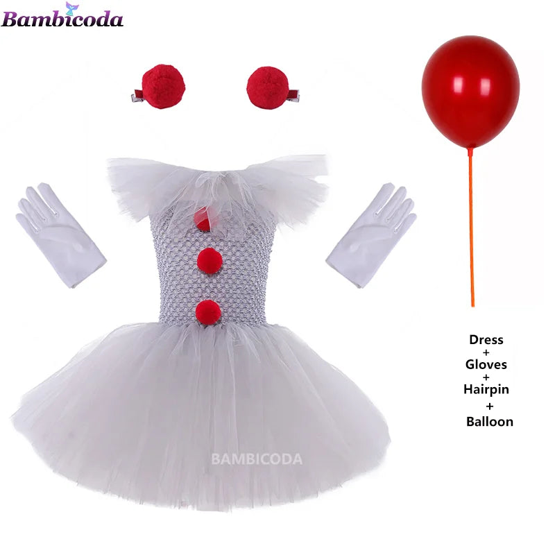 Girls Gray Clown Tutu Dress Halloween Costume