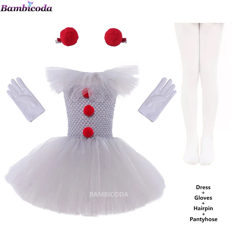 Girls Gray Clown Tutu Dress Halloween Costume